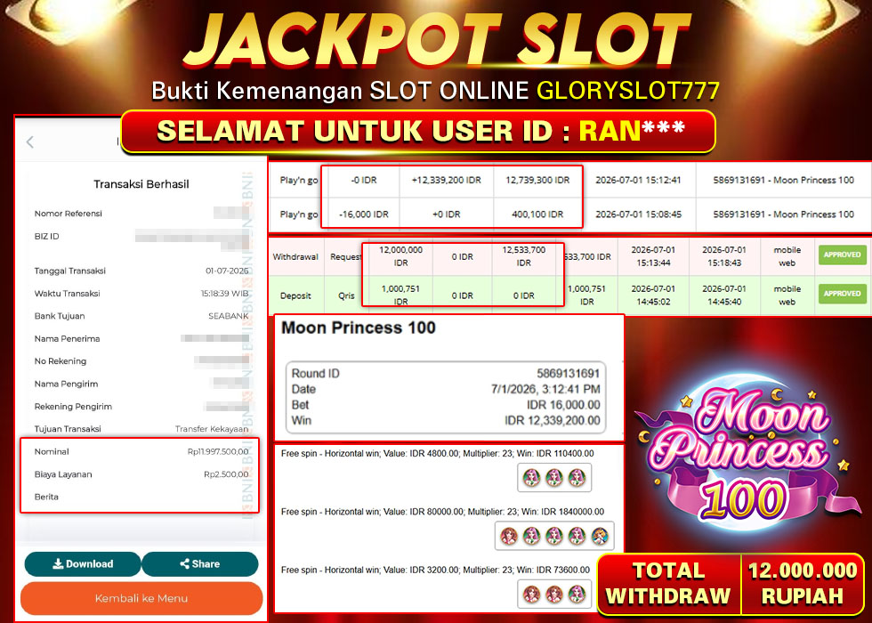 GLORYSLOT777 JACKPOT SLOT MOON PRINCESS 100 Rp 12.000.000,- LUNAS