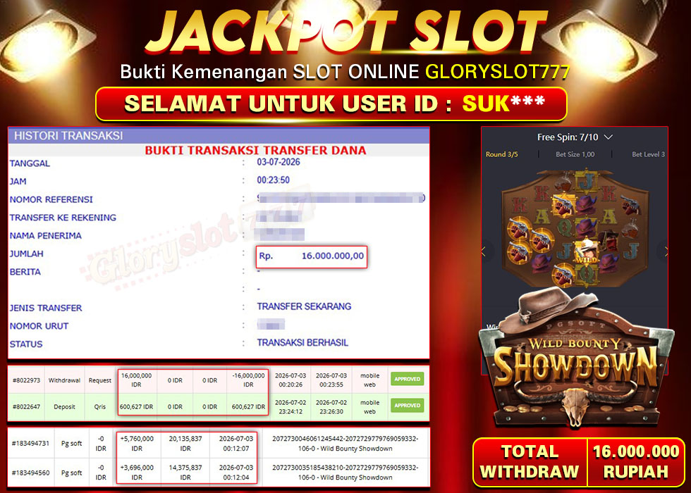 GLORYSLOT777 JACKPOT SLOT WILD BOUNTY SHOWDOWN Rp 16.000.000,- LUNAS