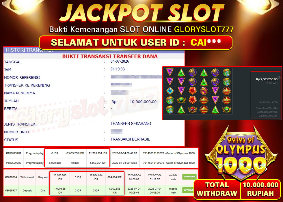 GLORYSLOT777 JACKPOT SLOT GATES OF OLYMPUS 1000 Rp 10.000.000,- LUNAS