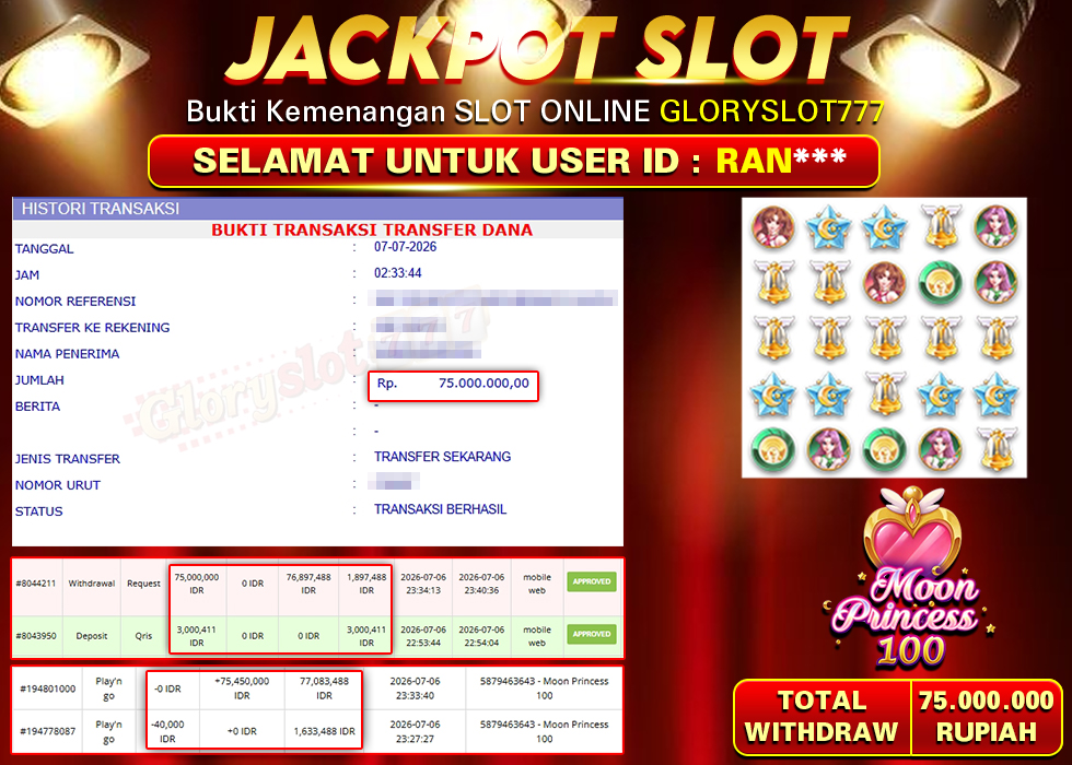 GLORYSLOT777 JACKPOT SLOT MOON PRINCESS 100 Rp 75.000.000,- LUNAS