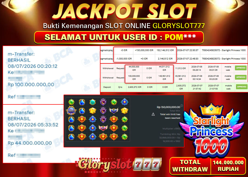GLORYSLOT777 JACKPOT SLOT STARLIGHT PRINCESS 1000 Rp 144.000.000,- LUNAS