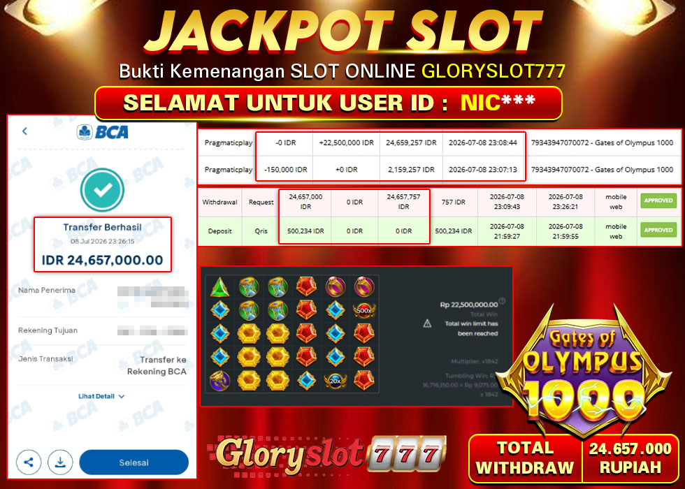 GLORYSLOT777 JACKPOT SLOT GATES OF OLYMPUS 1000 Rp 24.657.000,- LUNAS