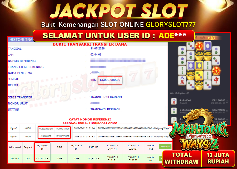 GLORYSLOT777 JACKPOT SLOT MAHJONG WAYS 2 Rp 13.000.000,- LUNAS