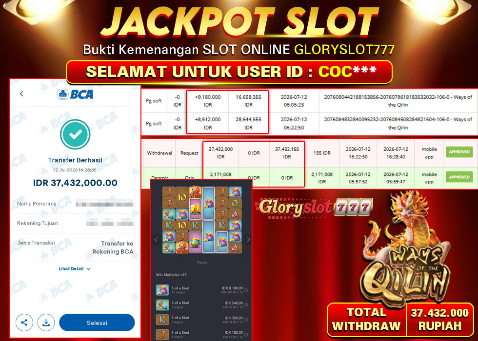 GLORYSLOT777 JACKPOT SLOT WAYS OF THE QILIN Rp 37.432.000,- LUNAS