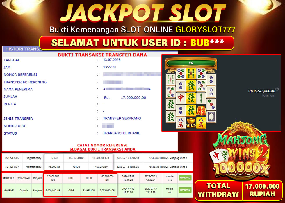 GLORYSLOT777 JACKPOT SLOT MAHJONG WINS 2 Rp 17.000.000,- LUNAS