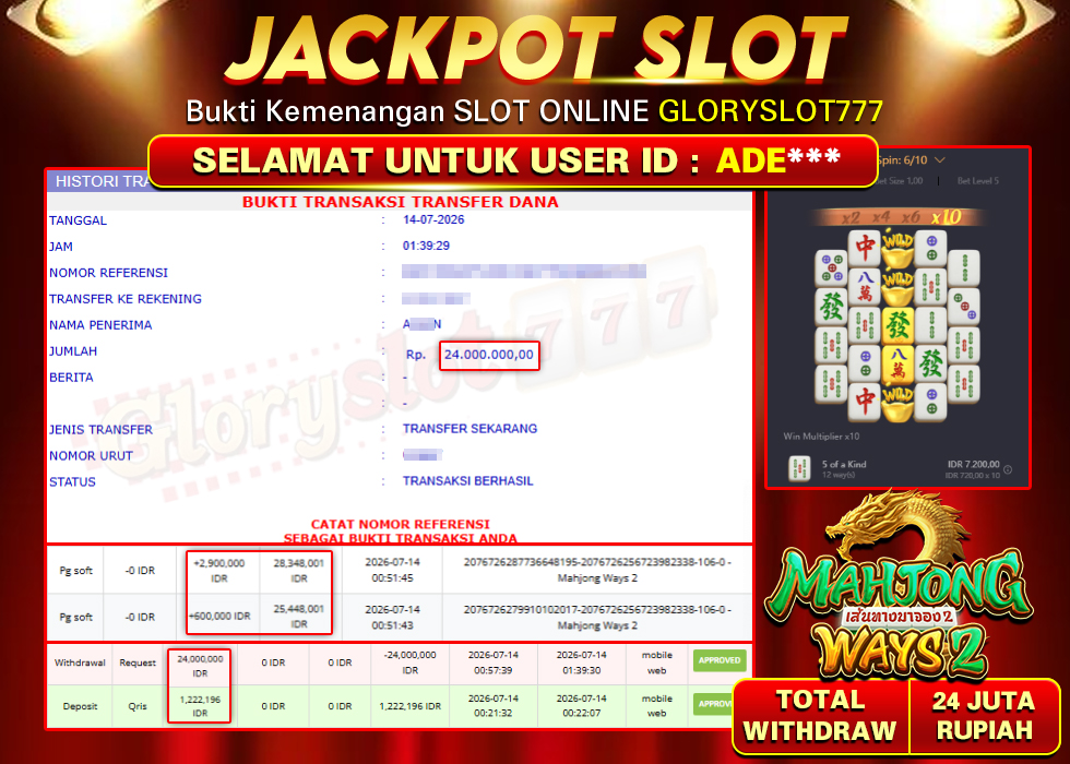 GLORYSLOT777 JACKPOT SLOT MAHJONG WAYS 2 Rp 24.000.000,- LUNAS