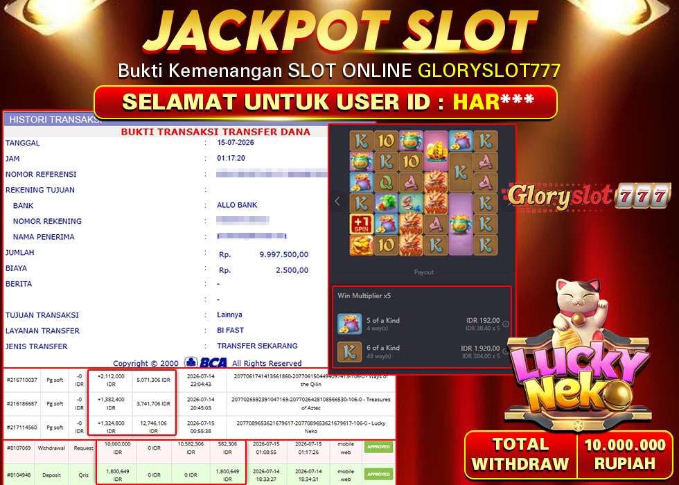 GLORYSLOT777 JACKPOT SLOT LUCKY NEKO Rp 10.000.000,- LUNAS