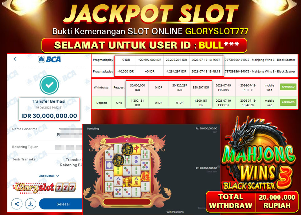 GLORYSLOT777 JACKPOT SLOT MAHJONG WINS 3 BLACK SCATTER Rp 30.000.000,- LUNAS