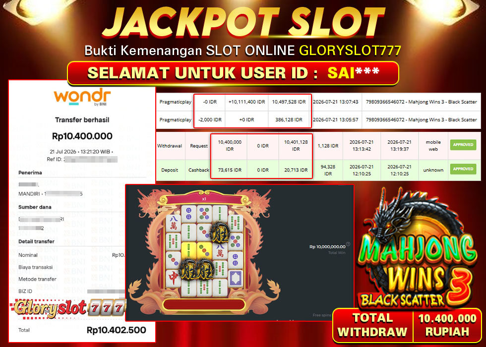 GLORYSLOT777 JACKPOT SLOT MAHJONG WINS 3 BLACK SCATTER Rp 10.400.000,- LUNAS