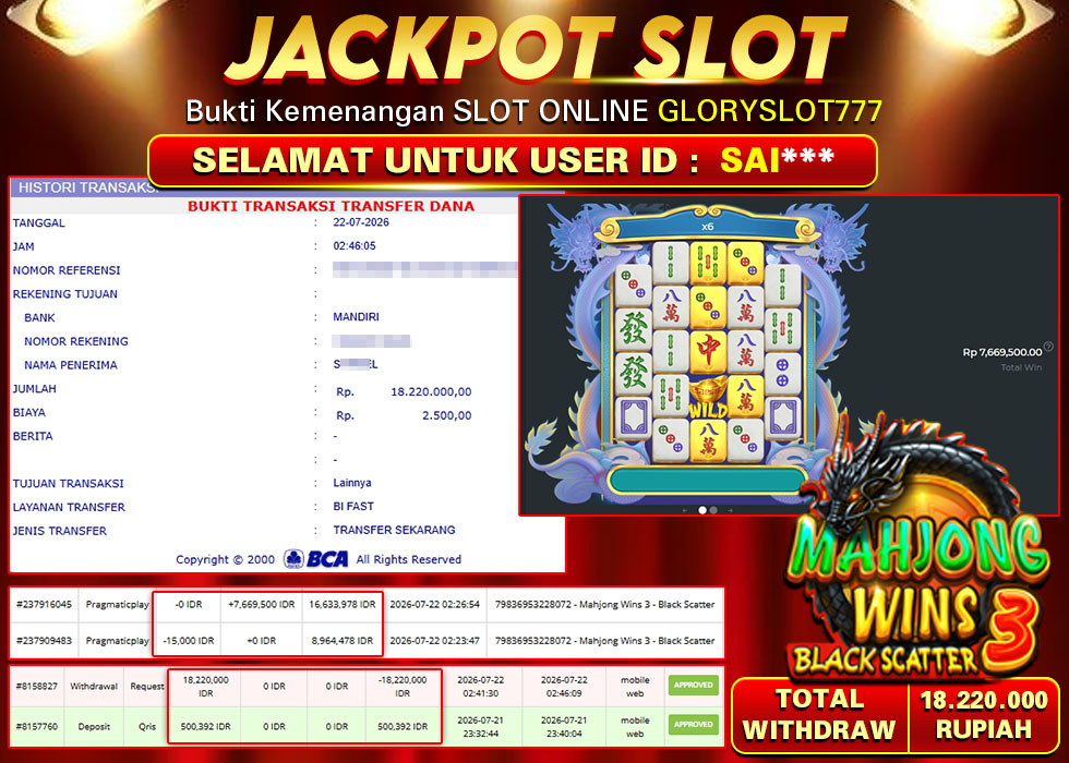 GLORYSLOT777 JACKPOT SLOT MAHJONG WINS 3 BLACK SCATTER Rp 18.220.000,- LUNAS