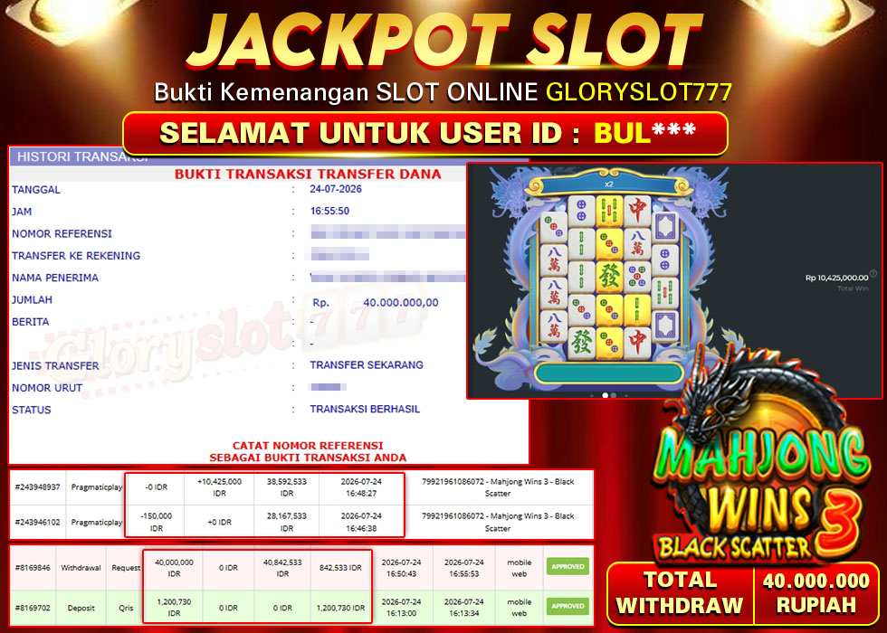 GLORYSLOT777 JACKPOT SLOT MAHJONG WINS 3 BLACK SCATTER Rp 40.000.000,- LUNAS