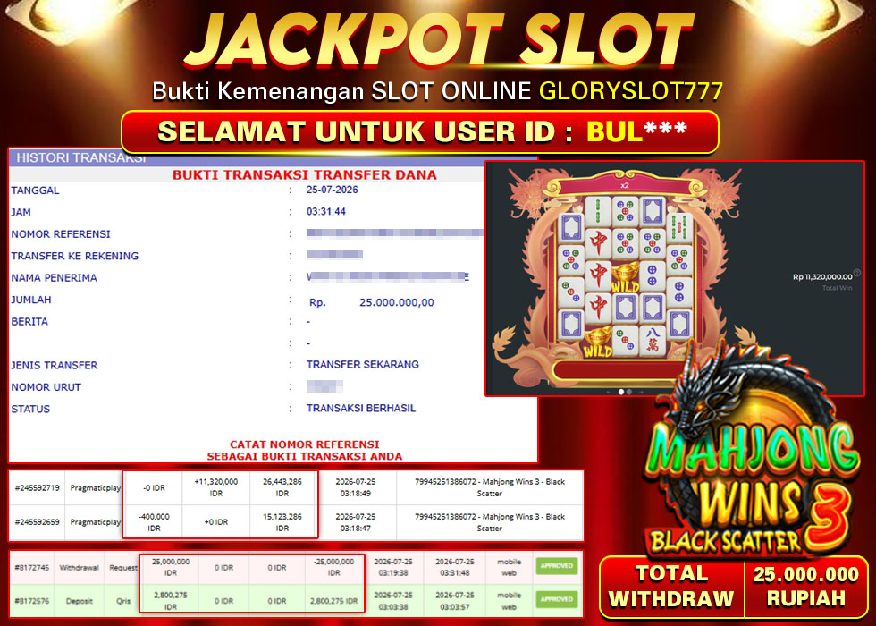 GLORYSLOT777 JACKPOT SLOT MAHJONG WINS 3 BLACK SCATTER Rp 25.000.000,- LUNAS